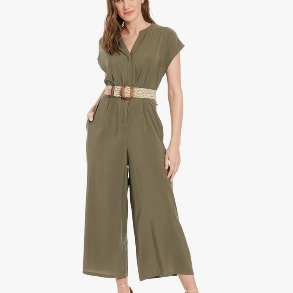 London Times Rayon Wide-leg V-neck Jumpsuit - Textured Belt - Olive NWT